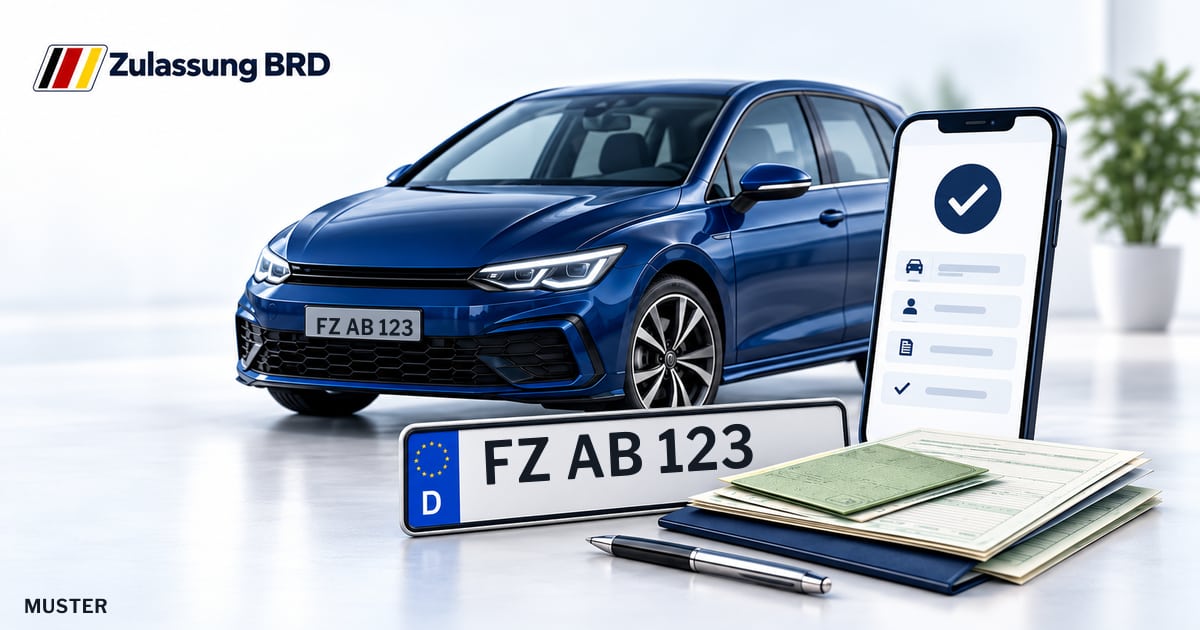 Online Fahrzeugzulassung in Guxhagen: Musterkennzeichen FZ AB 123, Auto und Fahrzeugpapiere und Smartphone. Illustration mit Logo von Zulassung BRD.